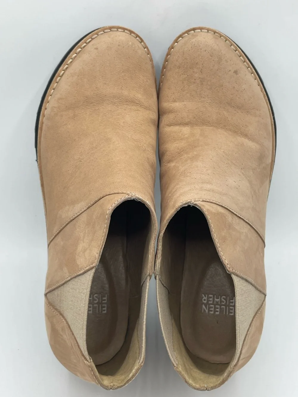 Eileen Fisher Caddy Tan Nubuck Leather Wedge Ankle Booties Size 7M.